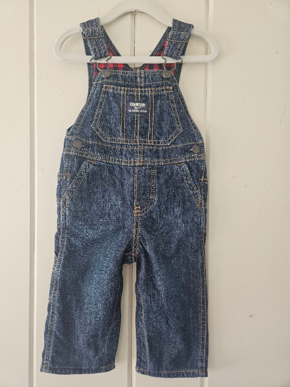 OshKosh B'gosh Baby Boy Plaid Flannel Lined Denim Overalls 12M Dark Wash EUC